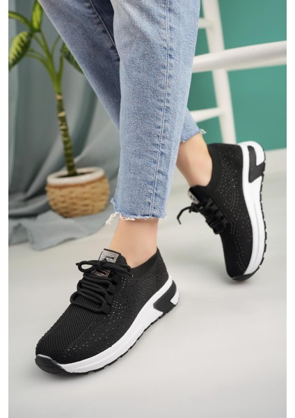 Kadın Bağcıklı Taşlı Triko Rahat Kadın Sneaker
