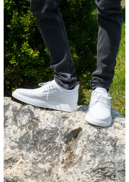 Beyaz Renk Iğne Baskı Görünümlü +7cm Boy Uzatan Gizli Topuklu Erkek Spor Ayakkabı Sneaker fırsatları