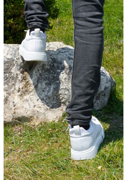 Beyaz Renk Iğne Baskı Görünümlü +7cm Boy Uzatan Gizli Topuklu Erkek Spor Ayakkabı Sneaker indirimleri