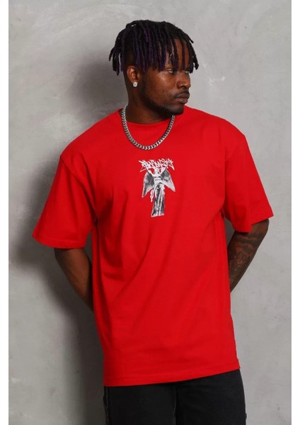 Oversize Baskılı Bisiklet Yaka T-Shirt - Kırmızı
