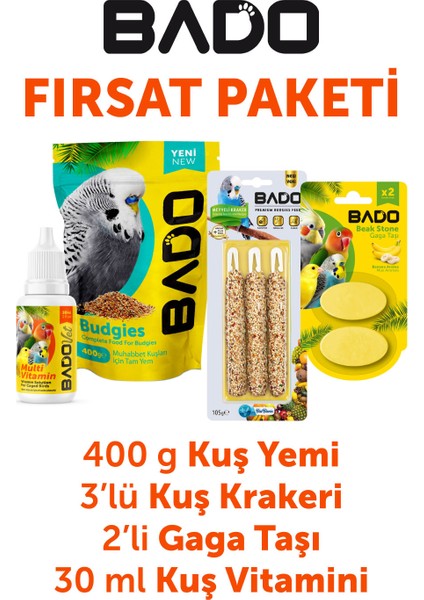 Kuş Tanışma Paketi 4lü(Yem+Vitamin+Kraker+Gaga Taşı)