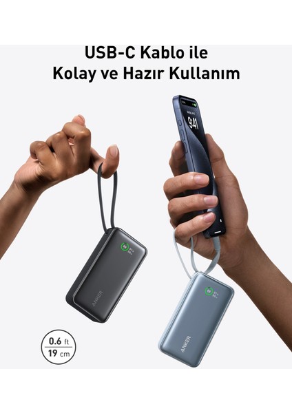 545 Nano Powerbank (30W, Dahili USB-C Kablosu) 10K Taşınabilir Şarj Cihazı, 1 USB-C, 1 USB-A ile PD 30W Maksimum Çıkış - Yeşil - A1259