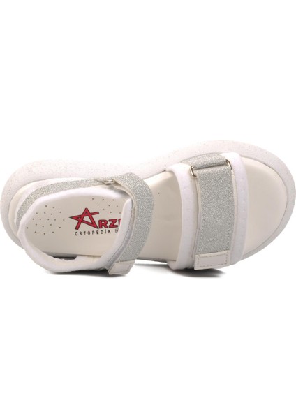 24-402-P Beyaz-Gümüş Ortopedik Taban Kız Çocuk Sandalet