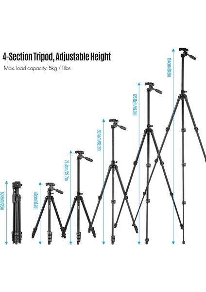 HT-T02 Profesyonel Tripod 154 cm Yatay Kullanım Çok Fonksiyonlu Panoramik Kafa 360 Derece Dönebilir