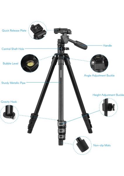 HT-T02 Profesyonel Tripod 154 cm Yatay Kullanım Çok Fonksiyonlu Panoramik Kafa 360 Derece Dönebilir