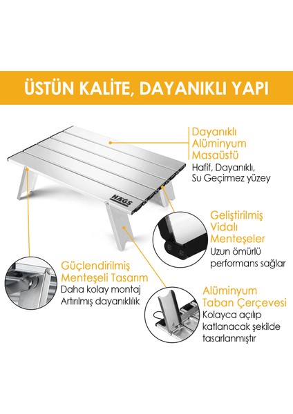 Portatif Küçük Masa Alüminyum Hafif - Plaj, Piknik, Kamp, Balıkçı, Outdoor Küçük Sehpa Masa - Gümüş