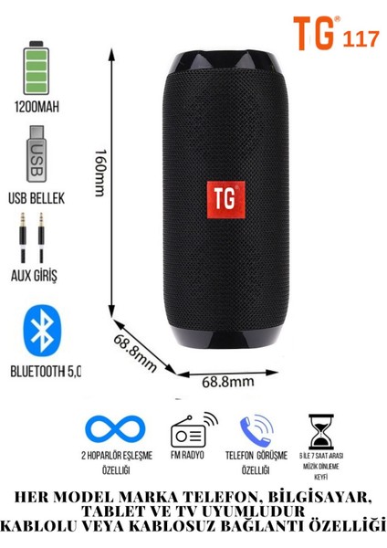 Tg 117 Bluetooth Hoparlör Kablosuz Taşınabilir Siyah Ses Bombası Extra Bass