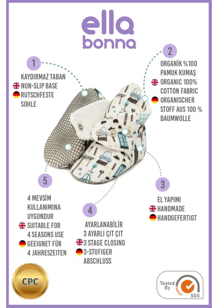 Organik Pamuk Bebek Pandufu, Kaydırmaz Taban, Yenidoğan Patiği, Ev Kreş Ayakkabısı, Şehir Hayatı modelleri