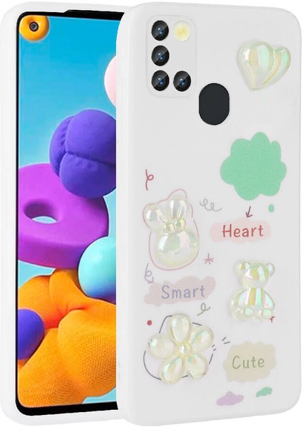 Galaxy A21S Kılıf Kabartma Figürlü Parlak Zore Toys Silikon Kapak-Beyaz