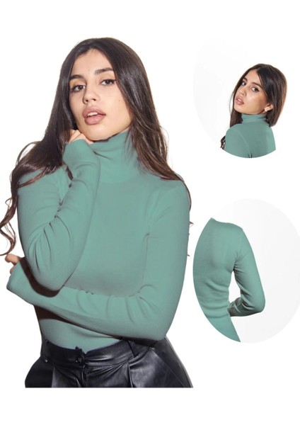 Kaşkorse Tam Boğazlı Body Sweatshirt, Okaliptus, S