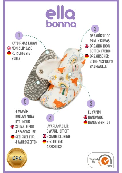 Organik Pamuk Bebek Pandufu, Kaydırmaz Taban, Yenidoğan Patiği, Ev Kreş Ayakkabısı, Tilki modelleri