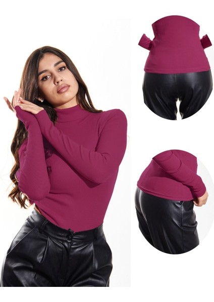 Kaşkorse Tam Boğazlı Body Sweatshirt, Fuşya Melanj, 2xl