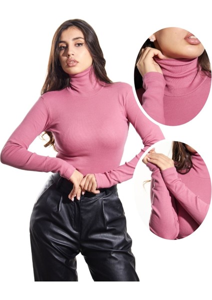 Kaşkorse Tam Boğazlı Body Sweatshirt, Gül Kurusu, M
