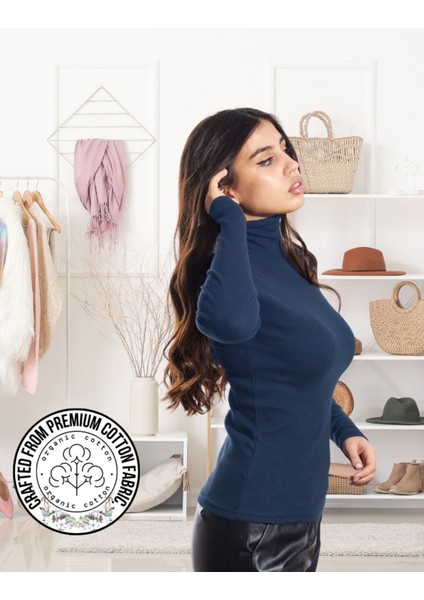 Kaşkorse Tam Boğazlı Body Sweatshirt Indigo Melanj S