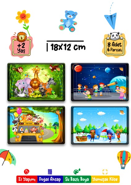 Nessi World 212TOYZZ Çok Renkli Sevimli Karakterler Çocuk Ahşap Puzzle 6 Parça 8 Adet Eğitici Öğretici Set