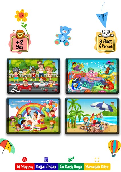 Nessi World 212TOYZZ Çok Renkli Sevimli Karakterler Çocuk Ahşap Puzzle 6 Parça 8 Adet Eğitici Öğretici Set