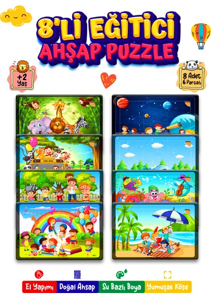 Nessi World 212TOYZZ Çok Renkli Sevimli Karakterler Çocuk Ahşap Puzzle 6 Parça 8 Adet Eğitici Öğretici Set