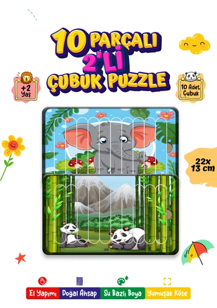 Nessi World Eğitici Öğretici Sevimli Fil+Sevimli Panda Dikey 10 Parçalı Ahşap Çubuk Yap Boz Puzzle 2li Set