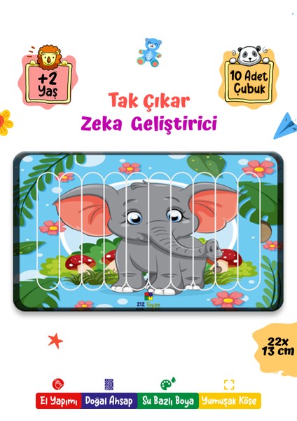 Nessi World Eğitici Öğretici Sevimli Fil+Sevimli Panda Dikey 10 Parçalı Ahşap Çubuk Yap Boz Puzzle 2li Set