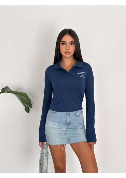 New York Yazılı Yakalı Uzun Kollu Crop Sweatshirt