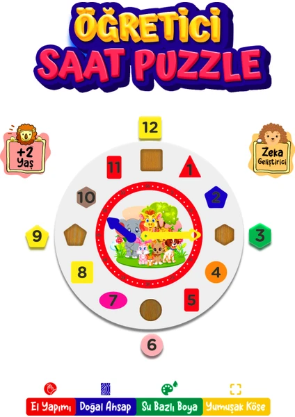 Ct Toys Montessori Renkli Sağlıklı Ahşap Mdf Malzeme Sevimli Hayvanlar Desenli Saat Öğretici Puzzle