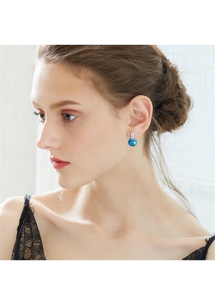 Swarovski Taşlı Mavi Yuvarlak Küpe (Altın Kaplama)