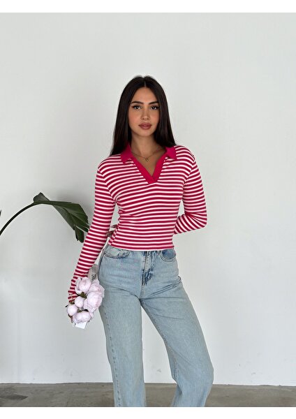 Yaka Detaylı Çizgili Uzun Kollu Crop Sweatshirt