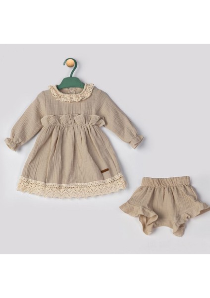 22413BS Kız Bebek Dantelli Ikili Bej Müslin Elbise