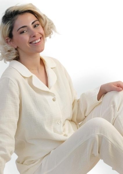 Kadın Müslin Pijama Takımı Düğmeli Yakalı Pijama fırsatları
