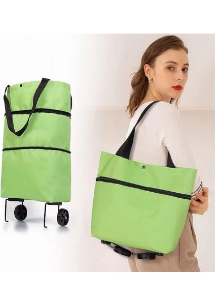 Yeşil Çok Amaçlı Pratik Katlanabilir Alışveriş Pazar Market Arabası Çantası Tekerlekli Kolay Dönüşe
