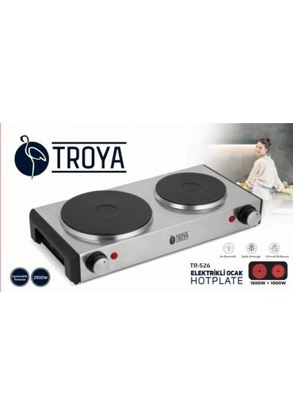 Troya TR-526 Çiftli 1500 W + 1000 W Elektrikli Hotplate 2500 Watt Ocak