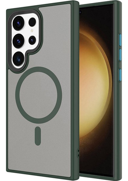 Samsung Galaxy S24 Ultra Kılıf Sert Pc Arka Yüzey Wireless Şarj Özellikli Flet Magsafe Kapak - Koyu Yeşil