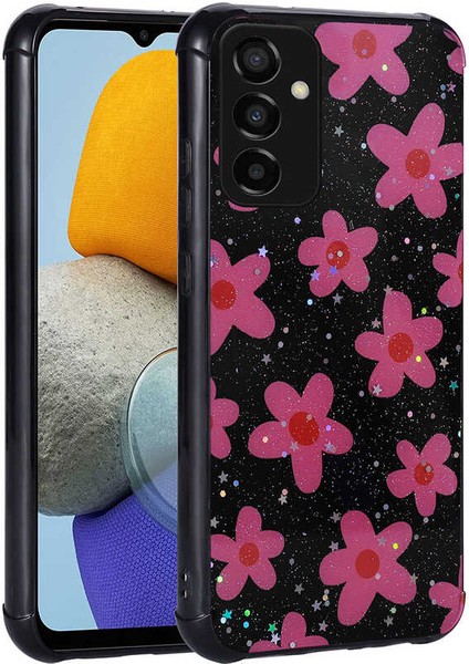 Samsung Galaxy M23 Kılıf Simli Desenli Kamera Korumalı Parlak Popy Kapak - Çiçek