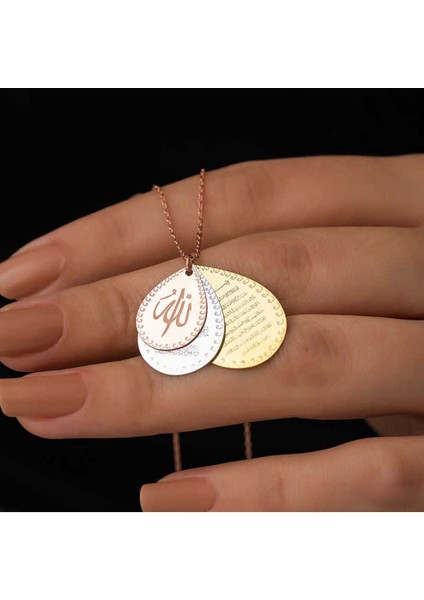 925 Ayar Gümüş Rose Ayetel Kürsi, Nazar Ayeti ve Allah Yazılı Kadın Kolye