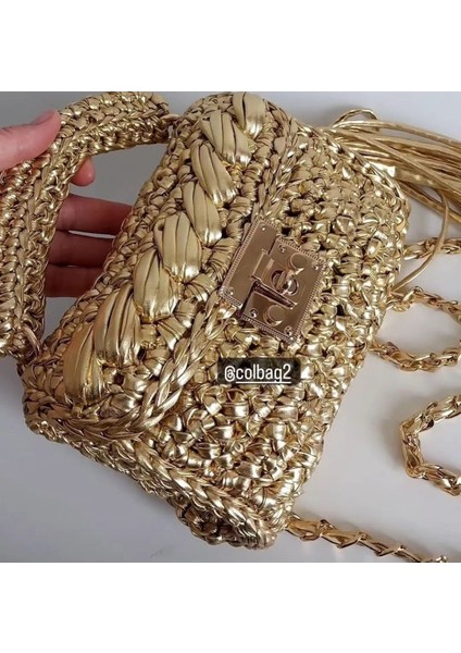 ✨ Metalik Deri El Örgüsü Çanta - Altın Rengi ✨