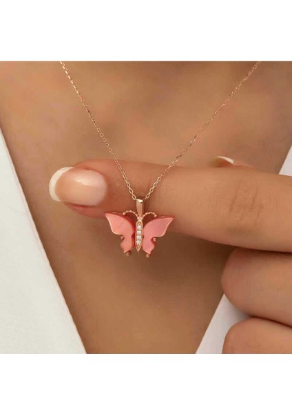 925 Ayar Gümüş Rose Pembe Kaplangözü Taşlı Kelebek Kolye