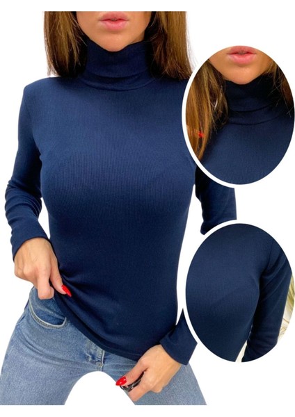 Kaşkorse Tam Boğazlı Body Sweatshirt, Lacivert, M