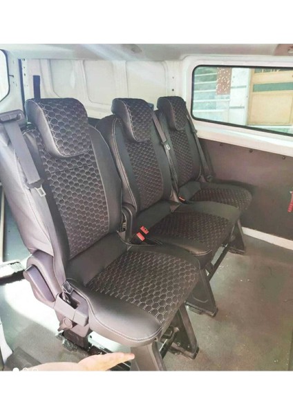 Ford Custom 5+1 Uyumlu Siyah Zemin Beyaz Nakışlı Taytüyü Siyah Deri Karışımı modelleri