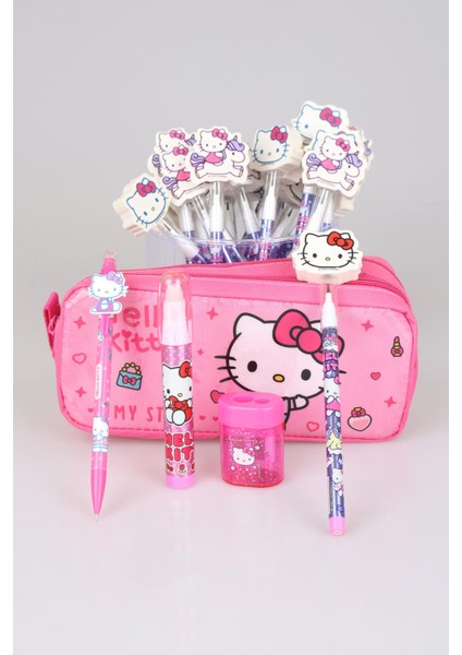 Hello Kitty Dekomus Ile Yeni Sezon Lisanslı Hello Kıtty Kırtasiye Seti Kalem Çantası,uçlu Kalem,kalemtraş,silgi Tepeli Geçmeli Kurşun Kalem ve Roket Silgi Seti