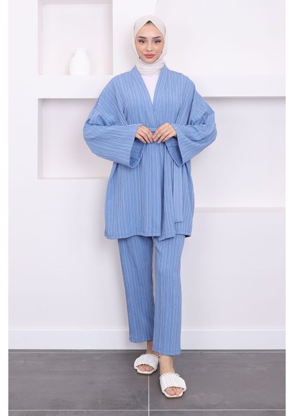 İndigo Bel Kuşaklı Pantolon Kimono Takım