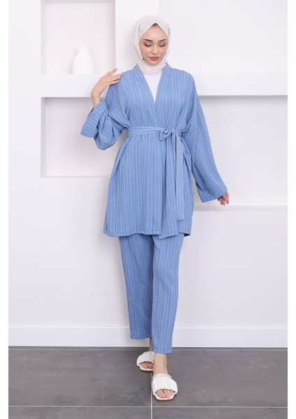 İndigo Bel Kuşaklı Pantolon Kimono Takım