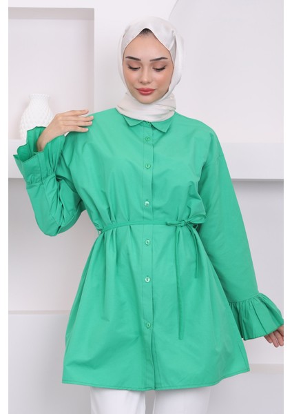 Yeşil Beli İpli Kol Detaylı Tunik