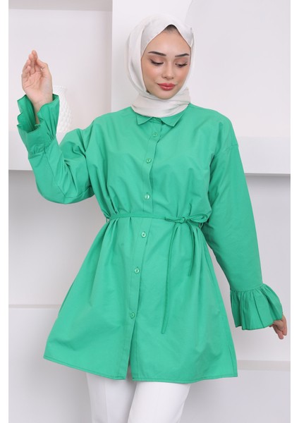 Yeşil Beli İpli Kol Detaylı Tunik