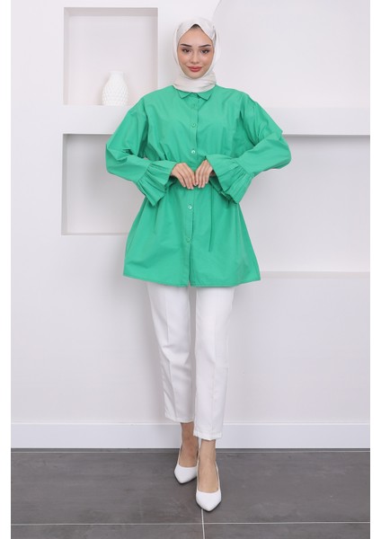 Yeşil Beli İpli Kol Detaylı Tunik