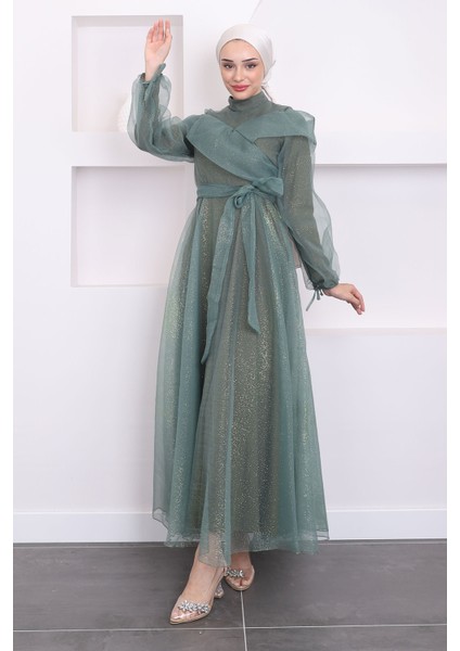 Haki Ön Detaylı Balon Kol Simli Abiye fiyatları