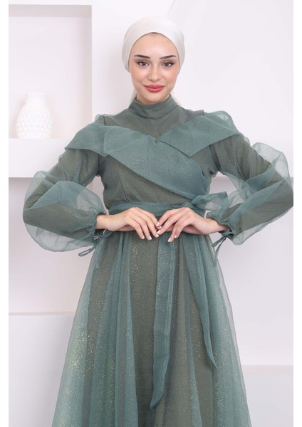 Haki Ön Detaylı Balon Kol Simli Abiye modelleri