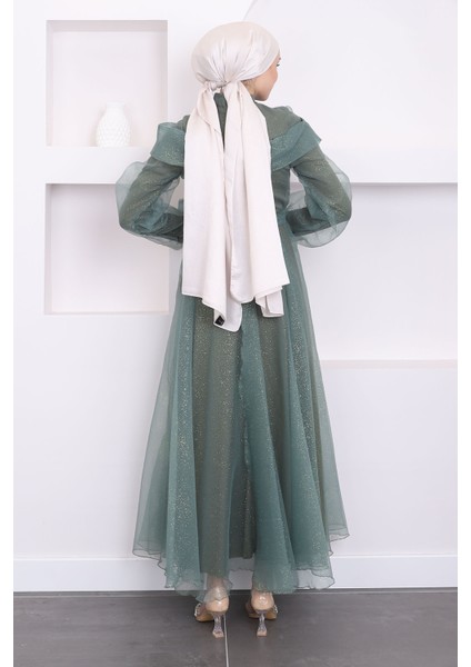 Haki Ön Detaylı Balon Kol Simli Abiye fırsatları