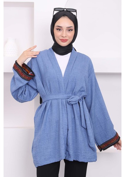 İmaj Butik Indigo Kol Nakışlı Kuşaklı Keten Kimono