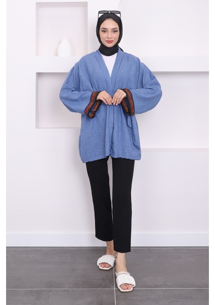 İmaj Butik Indigo Kol Nakışlı Kuşaklı Keten Kimono