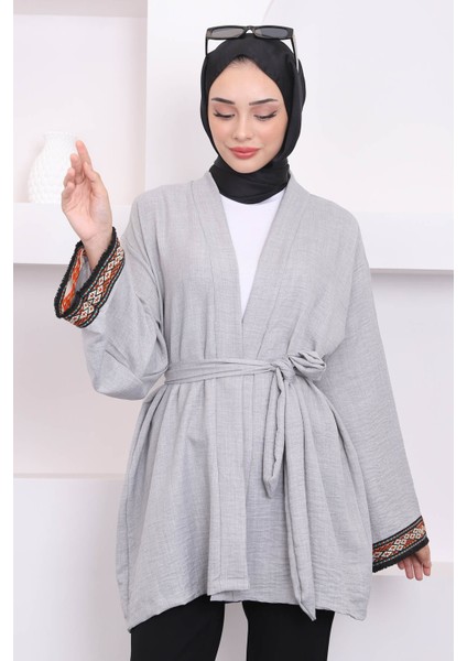 İmaj Butik Gri Kol Nakışlı Kuşaklı Keten Kimono